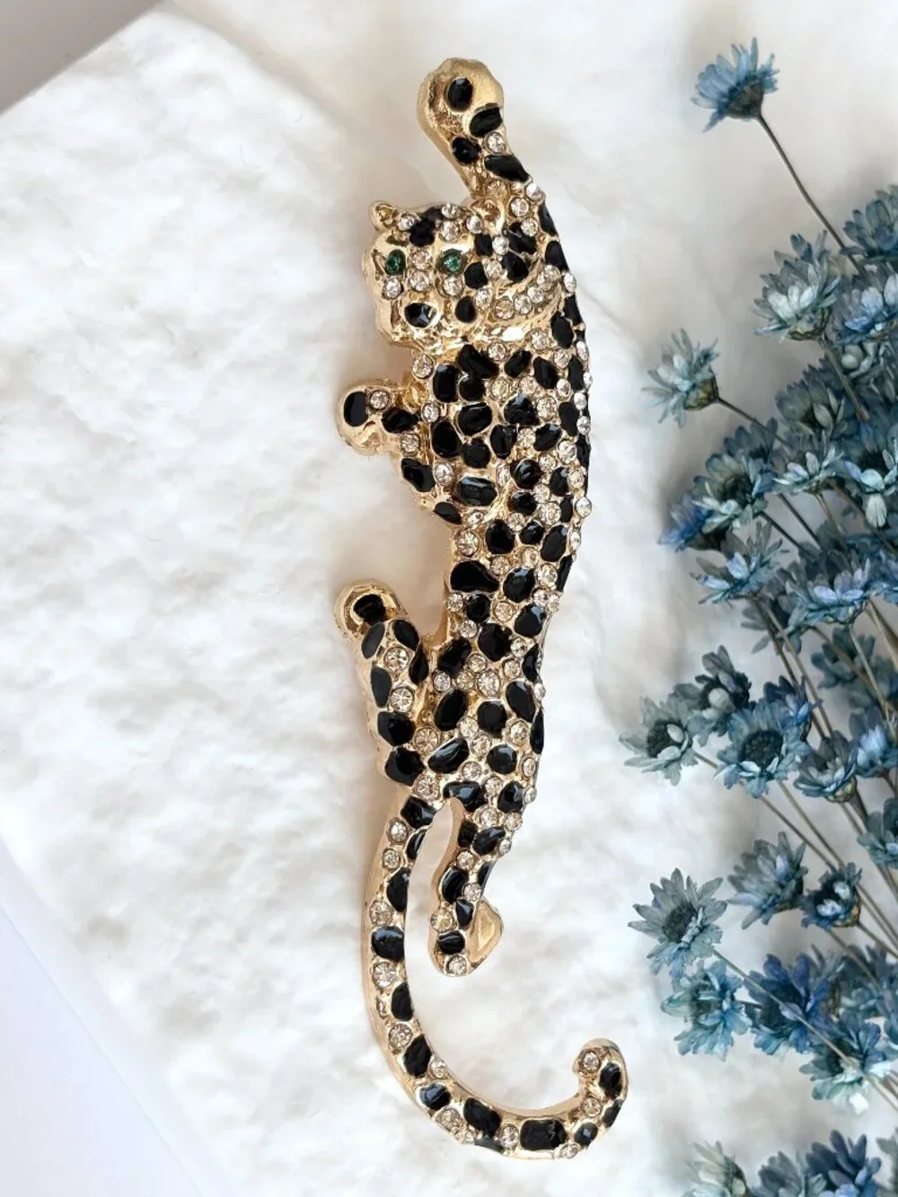 Climbling Leopard Figural Gold Toned Black Rhinestone Vintage Insp Brooch Pin